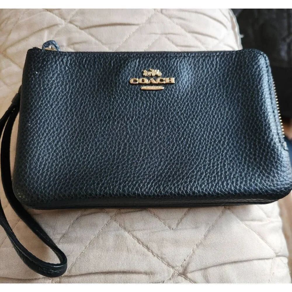 Coach Double Corner Zip Wristlet in pebbled black leather with gold hardware